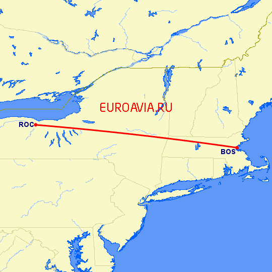 перелет Бостон — Рочестер на карте