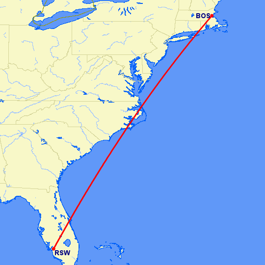 перелет Бостон — Форт Майерс на карте