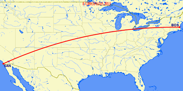 перелет Бостон — Сан Диего на карте