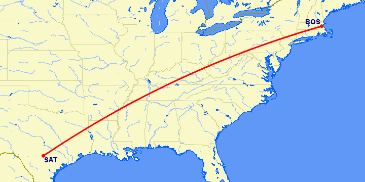 перелет Бостон — Сан Антонио на карте