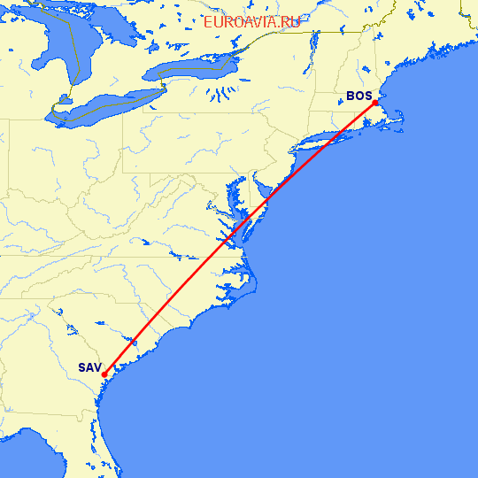 перелет Бостон — Саванна на карте