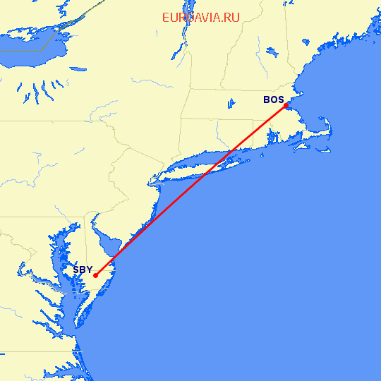 перелет Бостон — Salisbury-Ocean City на карте