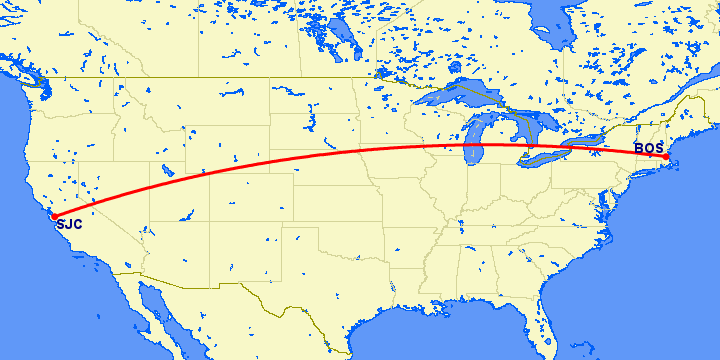 перелет Бостон — Сан Хосе на карте