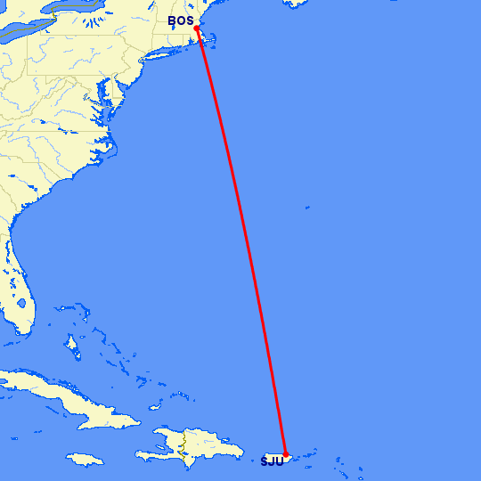перелет Бостон — Сан Хуан на карте