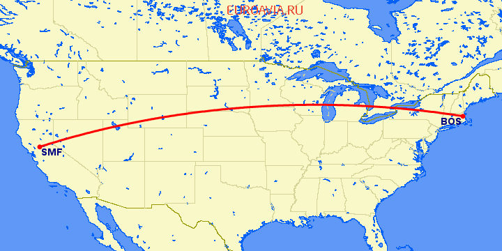 перелет Бостон — Сакраменто на карте