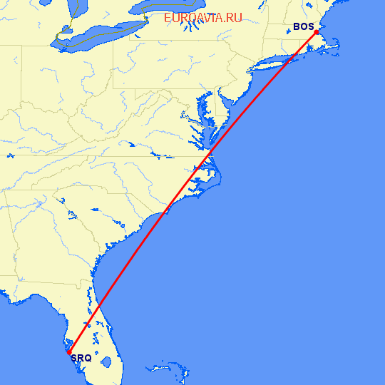 перелет Бостон — Сарасота на карте