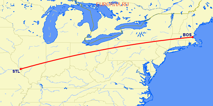 перелет Бостон — Сент Луис на карте