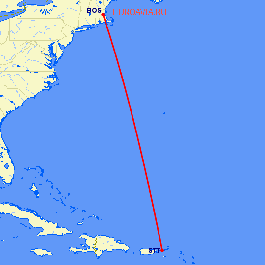 перелет Бостон — Charlotte Amalie St Thomas на карте