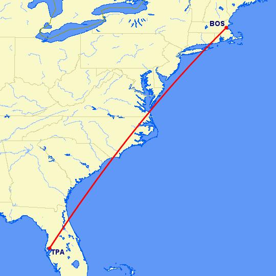перелет Бостон — Тампа на карте