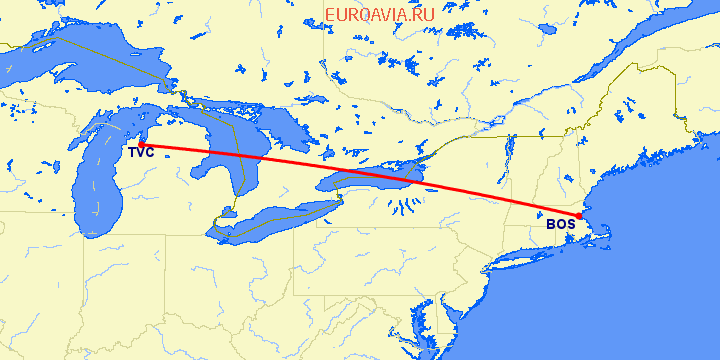 перелет Бостон — Траверс на карте
