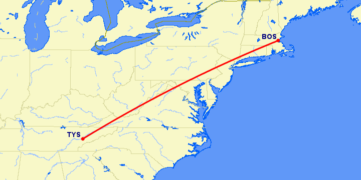 перелет Бостон — Ноксвилл на карте