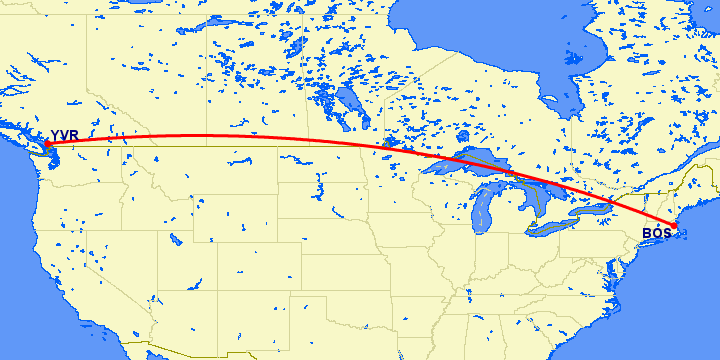 перелет Бостон — Ванкувер на карте