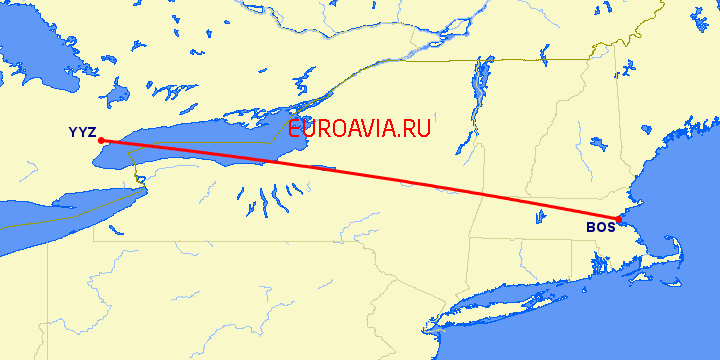 перелет Бостон — Торонто на карте