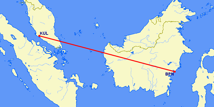 перелет Баликпапан — Куала Лумпур на карте