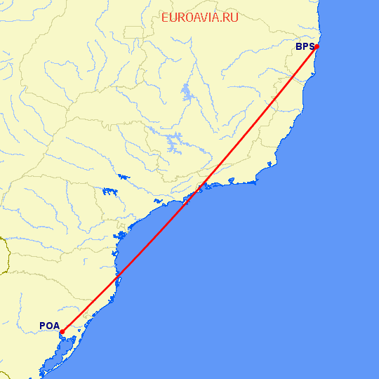 перелет Порто Сегуро — Порто Алегре на карте