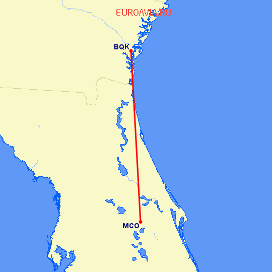 перелет Brunswick — Орландо на карте