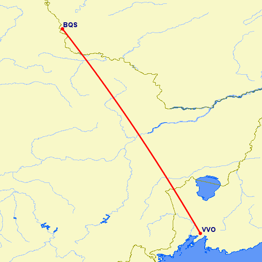 перелет Благовещенск — Владивосток на карте