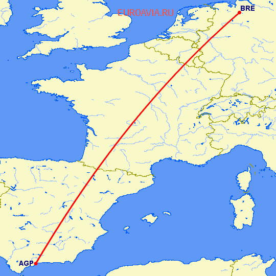 перелет Бремен — Малага на карте