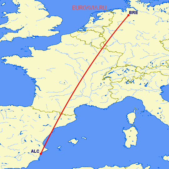 перелет Бремен — Аликанте на карте