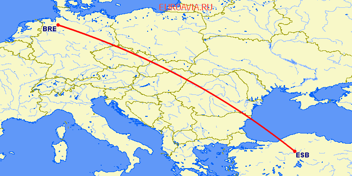 перелет Бремен — Анкара на карте