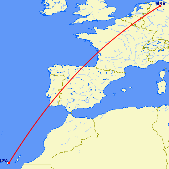 перелет Бремен — Лас Пальмас на карте