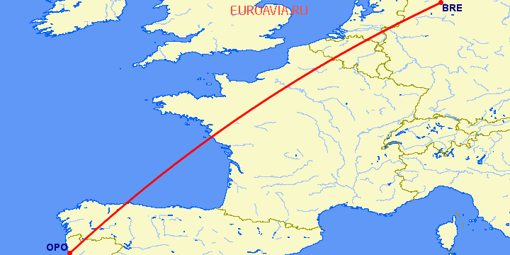 перелет Бремен — Порту на карте