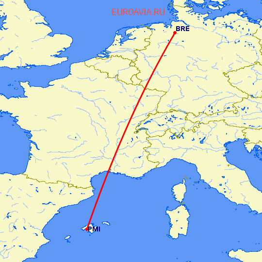 перелет Бремен — Пальма де Майорка на карте
