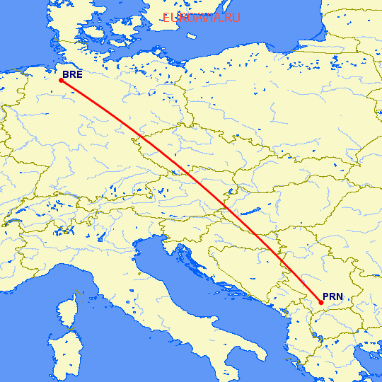 перелет Бремен — Приштина на карте