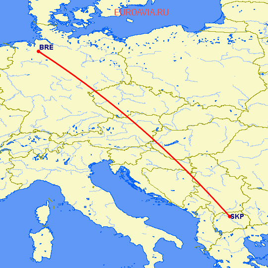 перелет Бремен — Скопье на карте
