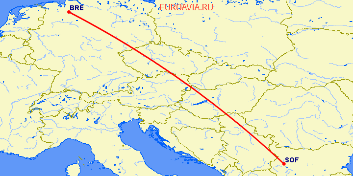 перелет Бремен — София на карте