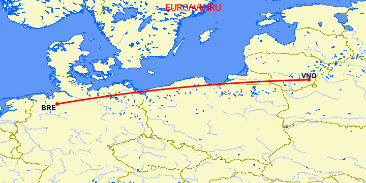 перелет Бремен — Вильнюс на карте