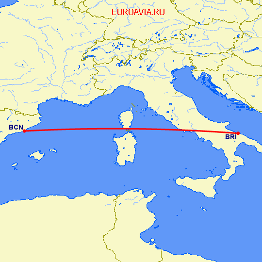 перелет Бари — Барселона на карте