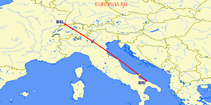 перелет Бари — Базель-Мюлуз на карте