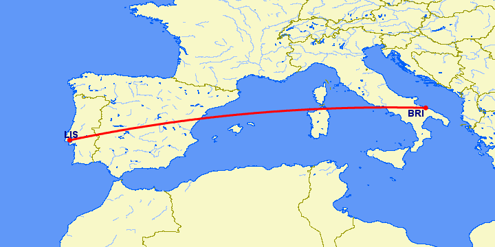 перелет Бари — Лиссабон на карте