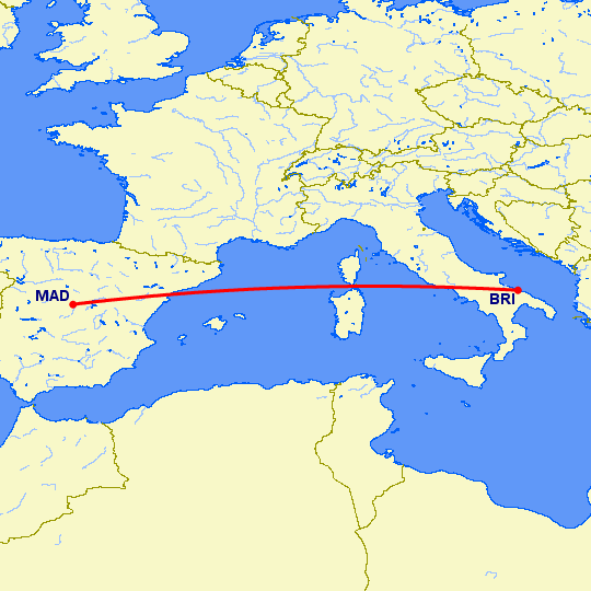 перелет Бари — Мадрид на карте