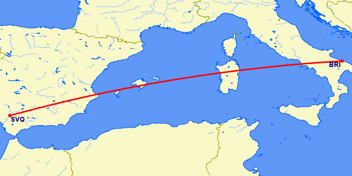 перелет Бари — Севилья на карте