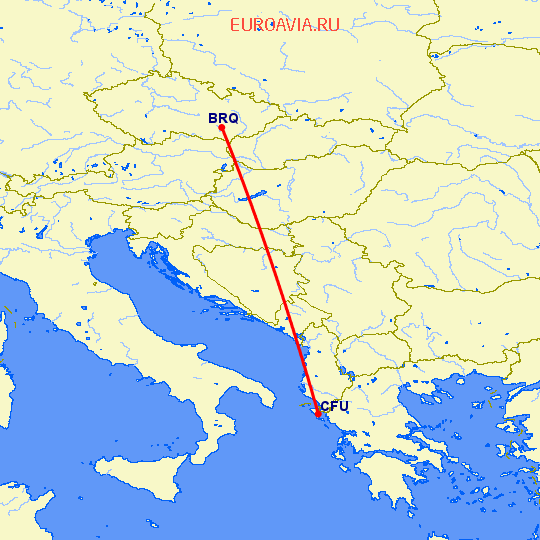 перелет Брно — Керкира на карте
