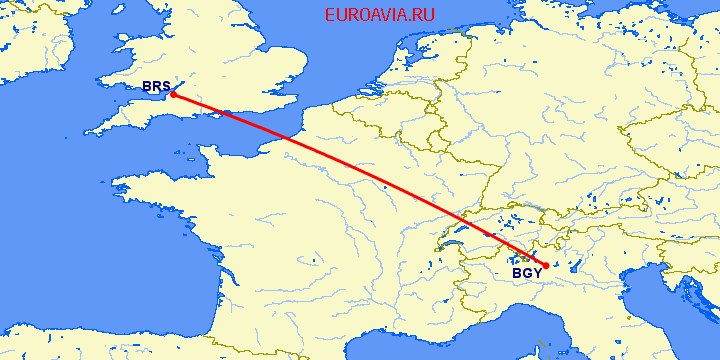 перелет Бристоль — Бергамо на карте