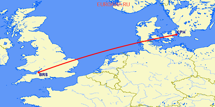 перелет Бристоль — Копенгаген на карте