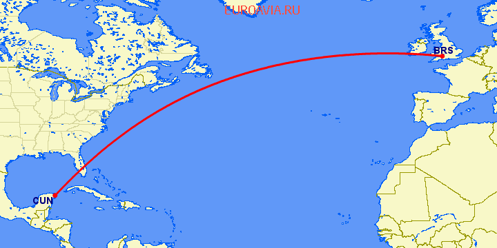 перелет Бристоль — Канкун на карте