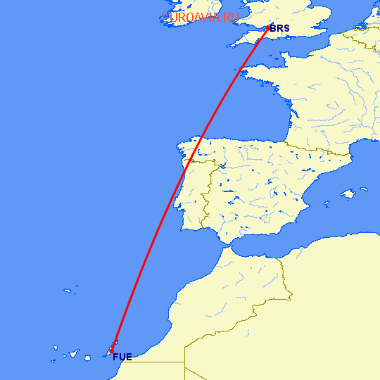 перелет Бристоль — Пуэрто дель Росарио на карте