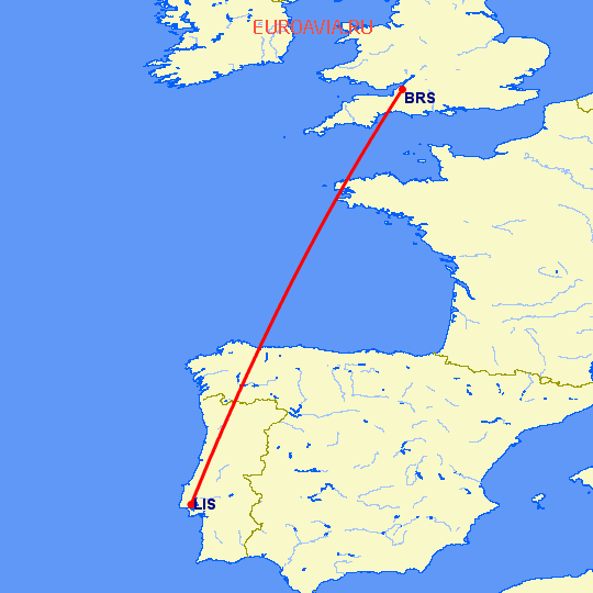 перелет Бристоль — Лиссабон на карте