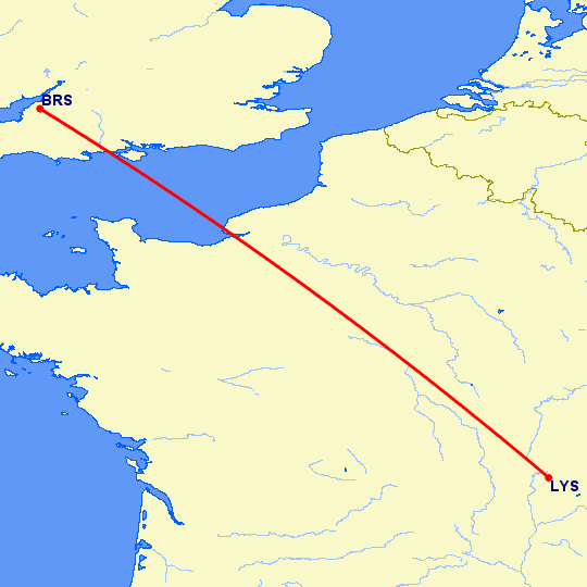 перелет Бристоль — Лион на карте