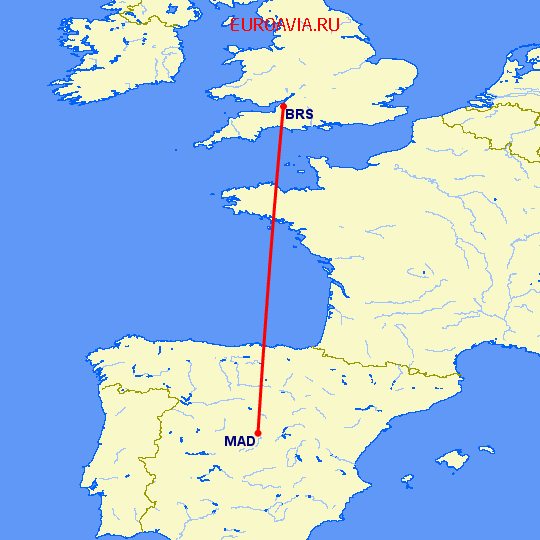перелет Бристоль — Мадрид на карте
