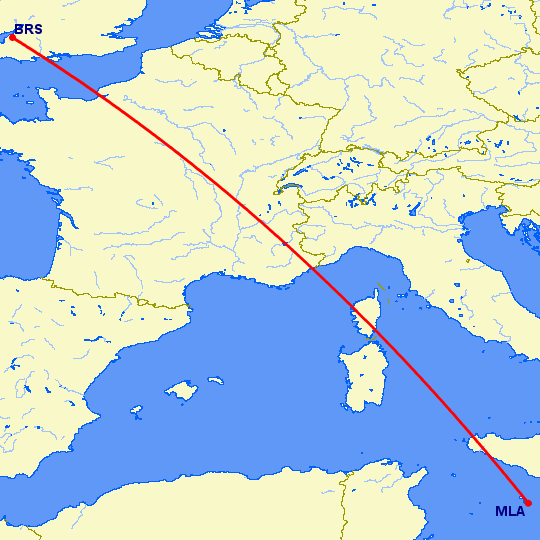 перелет Бристоль — Мальта на карте