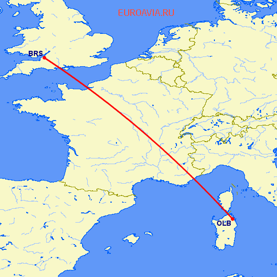 перелет Бристоль — Costa Smeralda на карте