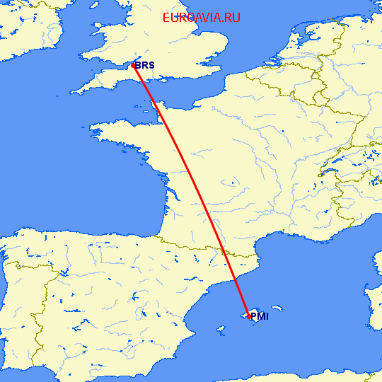 перелет Бристоль — Пальма де Майорка на карте