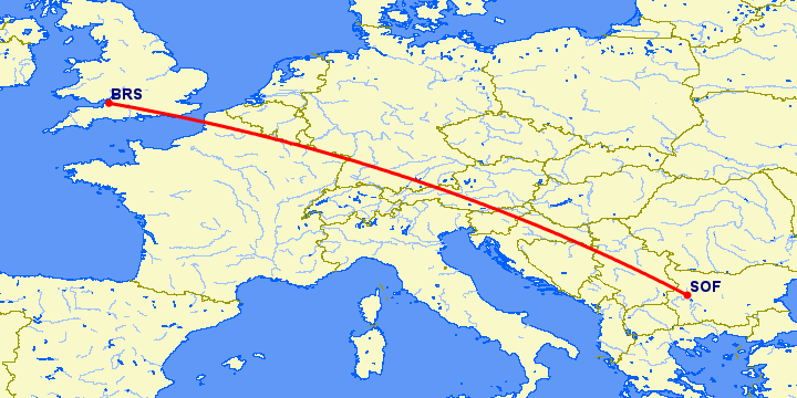 перелет Бристоль — София на карте