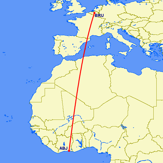 перелет Брюссель — Абиджан на карте