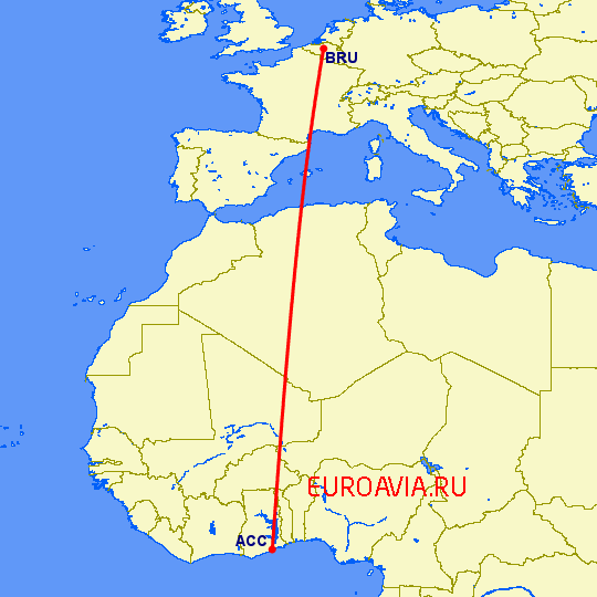 перелет Брюссель — Аккра на карте
